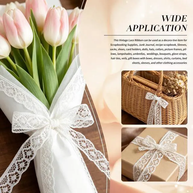 Alt view image 3 of 6 - 30-Yard Lace Trim Ribbon, White Lace Ribbon, 0.5 inch Width White Laces Trims Delicate Floral Pattern Ribbons for Crafts Sewing and Bridal Wedding Dress Applique Decorations
