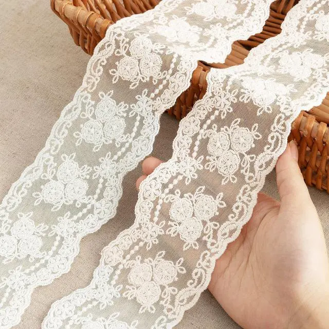 Main image of Lace Trim Ribbon, 3-Yard White Lace Ribbon, 3.3 Inch Width White Laces Trims Delicate Floral Pattern Ribbons for Crafts Sewing and Bridal Wedding Dress Applique Decorations