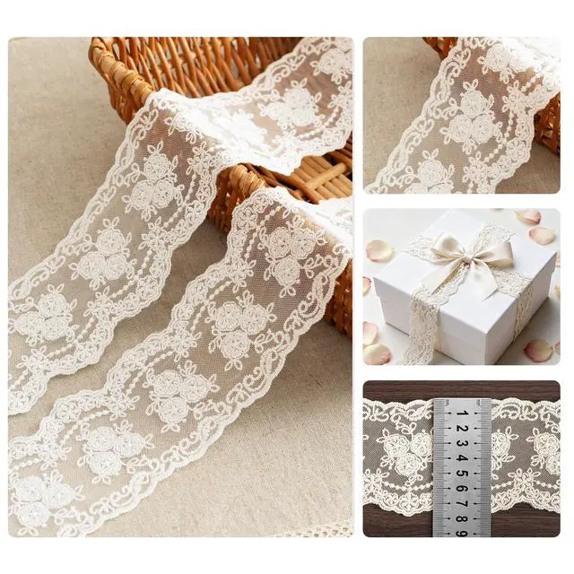 Alt view image 2 of 7 - Lace Trim Ribbon, 3-Yard White Lace Ribbon, 3.3 Inch Width White Laces Trims Delicate Floral Pattern Ribbons for Crafts Sewing and Bridal Wedding Dress Applique Decorations