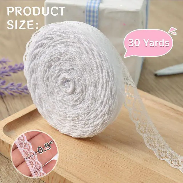 Alt view image 5 of 7 - 30-Yard Lace Ribbon for Scrapbooking & Crafts, 0.5 inch Width | White Lace Trim Ribbon, Polyester Ribbon for Wedding, Gift Wrapping & DIY Projects, Washable Non, Fraying Decorative Trim