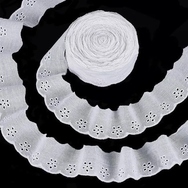 Main image of 15 Yards Cotton Lace Trim 1-5/8 inch White Cotton Eyelet Lace Ribbon Floral Embroidery Ruffle Trim Wavy Edge Floral Ribbon for Sewing Dresses Clothes Bag Pets Clothes