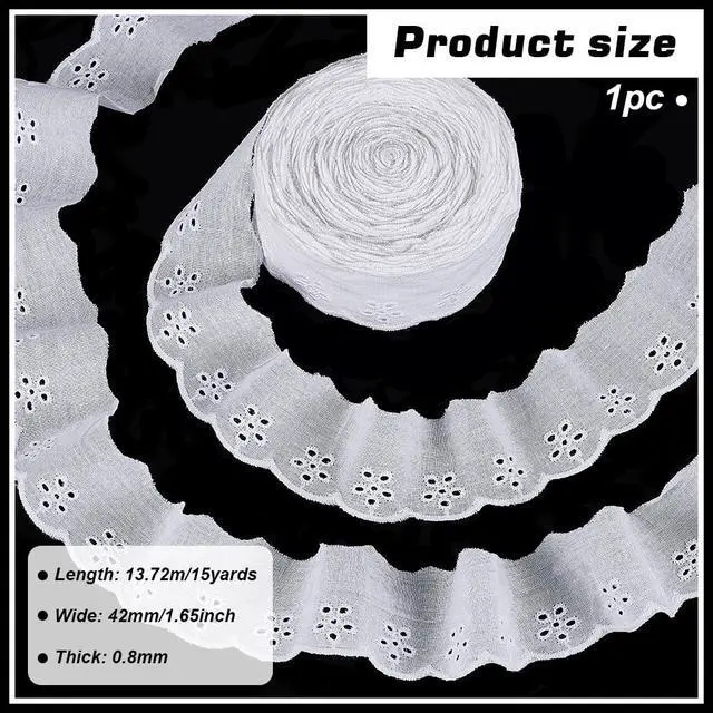 Alt view image 2 of 7 - 15 Yards Cotton Lace Trim 1-5/8 inch White Cotton Eyelet Lace Ribbon Floral Embroidery Ruffle Trim Wavy Edge Floral Ribbon for Sewing Dresses Clothes Bag Pets Clothes