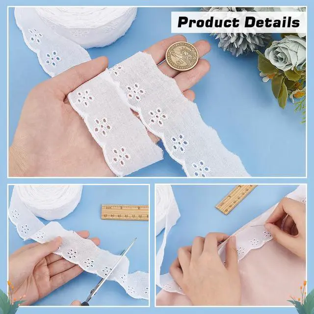Alt view image 3 of 7 - 15 Yards Cotton Lace Trim 1-5/8 inch White Cotton Eyelet Lace Ribbon Floral Embroidery Ruffle Trim Wavy Edge Floral Ribbon for Sewing Dresses Clothes Bag Pets Clothes