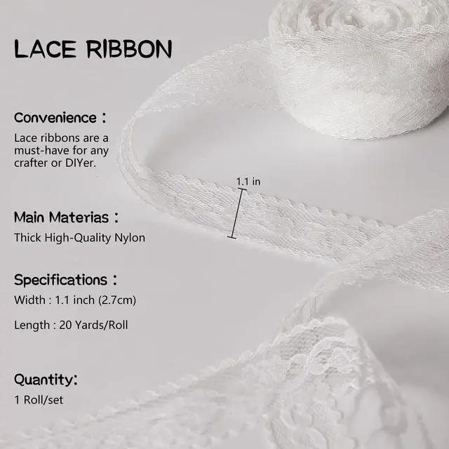 Alt view image 2 of 7 - White Lace Ribbon for Gift Wrapping, 1 inch x 20 Yard Lace Trim Ribbon | White Floral Ribbon for Sewing Crafts Dress Applique Flower Bouquet Valentines Mothers Day Christmas Bridal Wedding Decor