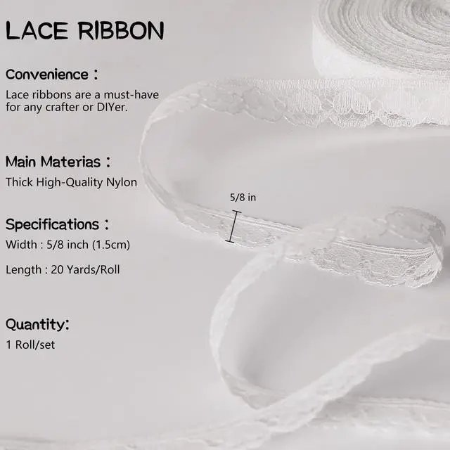 Alt view image 2 of 7 - White Lace Ribbon for Gift Wrapping, 5/8 inch x 20 Yard Lace Trim Ribbon | White Heart Ribbon for Sewing Crafts Dress Applique Flower Bouquet Valentines Mothers Day Christmas Bridal Wedding Decor