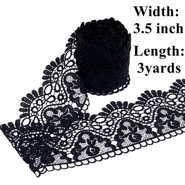 Alt view image 2 of 7 - Venice Lace Trim, Black, 3.5 Inch Wide | Floral Embroidered.Durable, soft, and perfect for bridal, gothic decor, and sewing.