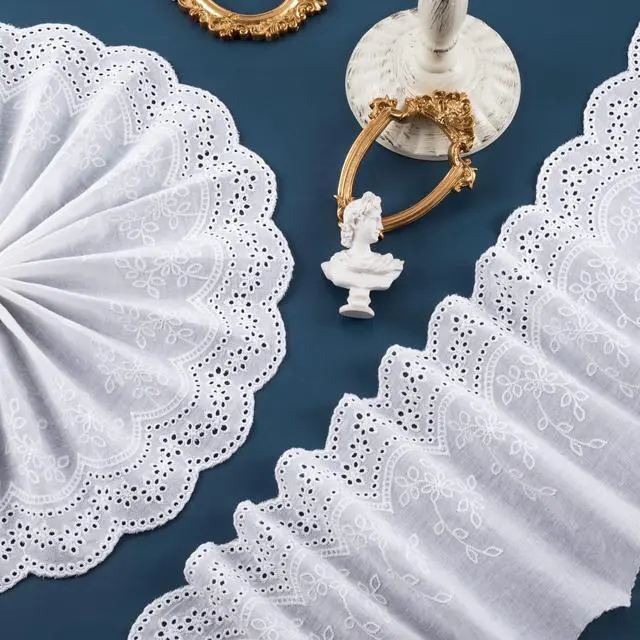 Alt view image 4 of 7 - 5 Yards Cotton Eyelet Lace Trim, White Cotton Floral Lace Trim | Embroidery Scalloped Laces Trim for Sewing Dresses, Baby Clothes, Bag, Pets Clothes (7.87inch Wide)