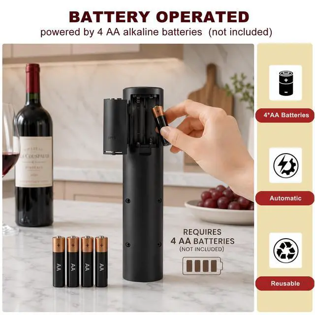 Alt view image 2 of 7 - Electric Wine Bottle Opener with Foil Cutter, Automatic Corkscrew | Battery Operated One-click Button Corkscrew Remover with Blue Led Indicator Light for Home Kitchen Party Wedding Black