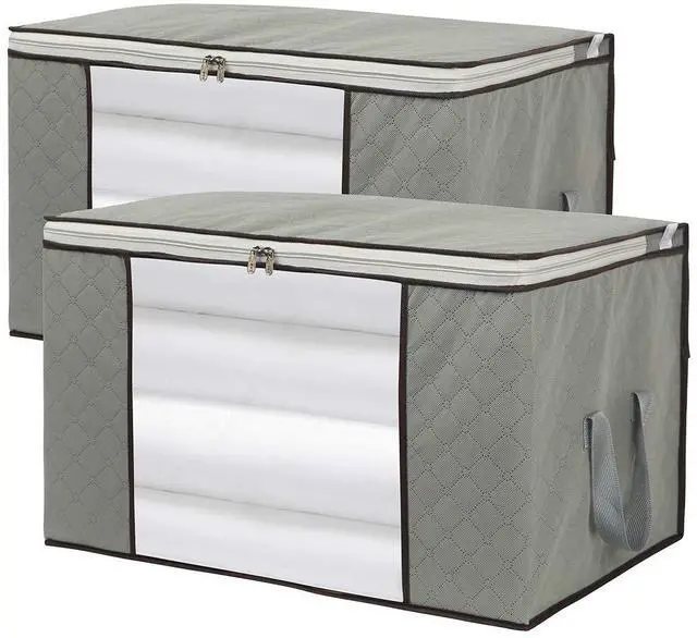Main image of 2 Pack Foldable Large Storage Bags for Comforter Quilt Blanket Clothes | 24 x 16 x 14 inch with Clear Window & Handles - Easy to Fit King Size Comforter Set Under Bed Organizer
