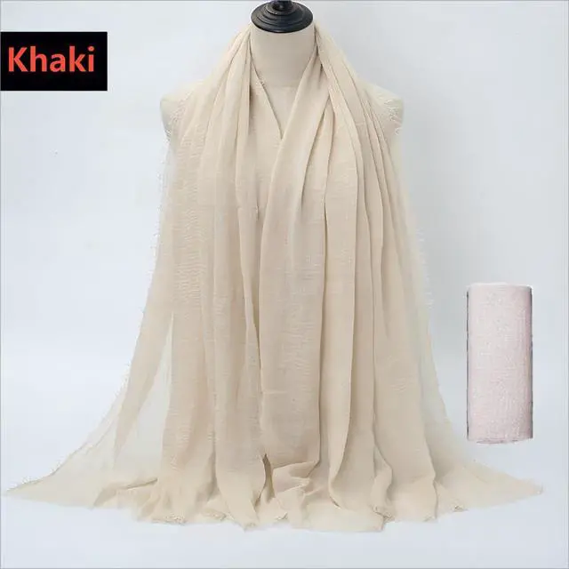 Alt view image 3 of 6 - Soft Vintage Scarf Crinkle Cotton Blend with Fringe, Khaki
