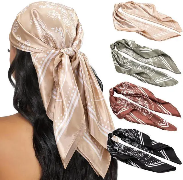 Main image of 4PCS Head Scarf for Women 35 Silk Feel Hair Scarf | Satin Neck Scarfs, Square Bandana Hair Wraps, Head Scarves for Sleeping, Travel, Hair Protection, Daily Wear