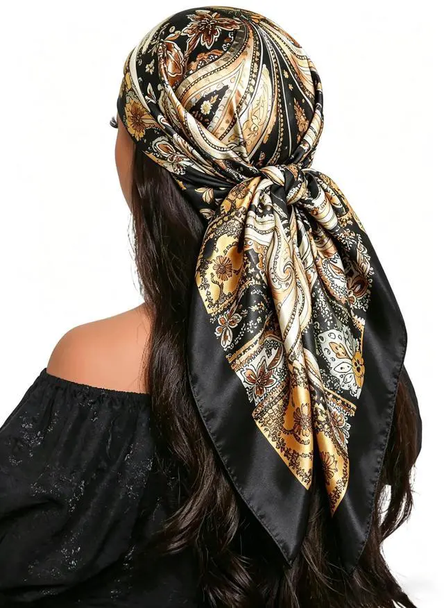 Main image of 35'' Floral Print Head Scarf for Women Satin Large Lightweight Bandana | Floral Paisley Scarf, Oversized Square Bandana, Boho Square Neck Scarf, Bag Accessory