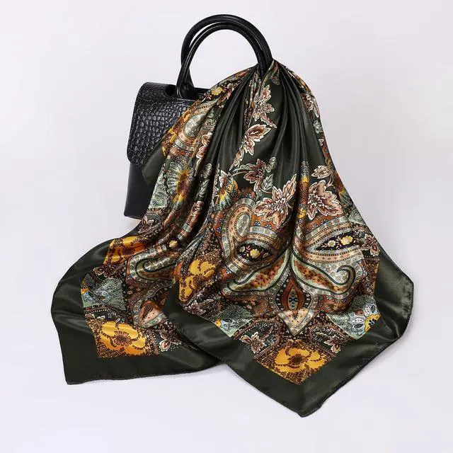 Alt view image 3 of 7 - 35'' Floral Print Head Scarf for Women Satin Large Lightweight Bandana | Floral Paisley Scarf, Oversized Square Bandana, Boho Square Neck Scarf, Bag Accessory