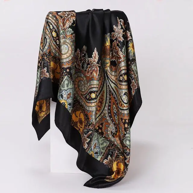 Alt view image 5 of 7 - 35'' Floral Print Head Scarf for Women Satin Large Lightweight Bandana | Floral Paisley Scarf, Oversized Square Bandana, Boho Square Neck Scarf, Bag Accessory