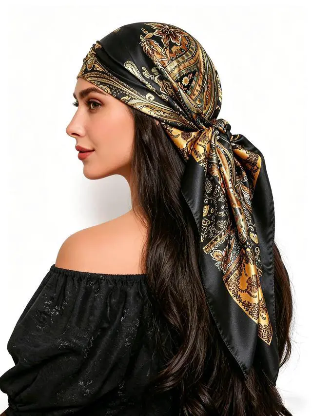 Alt view image 6 of 7 - 35'' Floral Print Head Scarf for Women Satin Large Lightweight Bandana | Floral Paisley Scarf, Oversized Square Bandana, Boho Square Neck Scarf, Bag Accessory