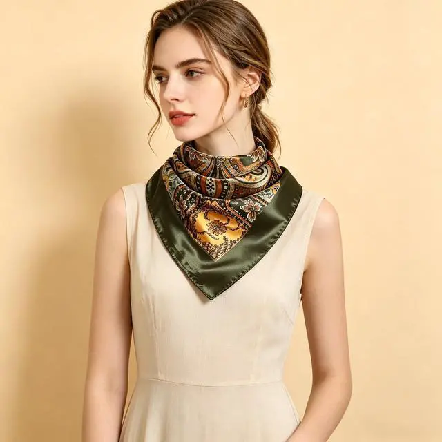 Alt view image 7 of 7 - 35'' Floral Print Head Scarf for Women Satin Large Lightweight Bandana | Floral Paisley Scarf, Oversized Square Bandana, Boho Square Neck Scarf, Bag Accessory