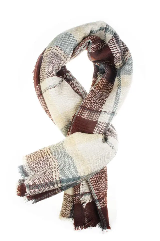Alt view image 2 of 6 - Brown Cream Plaid Fall Winter Blanket Scarf for Women | Oversized square acrylic wrap, soft tartan styling, cold-weather layering, shawl or poncho wear, seasonal gifts