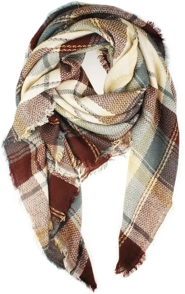 Main image of Brown Cream Plaid Fall Winter Blanket Scarf for Women | Oversized square acrylic wrap, soft tartan styling, cold-weather layering, shawl or poncho wear, seasonal gifts