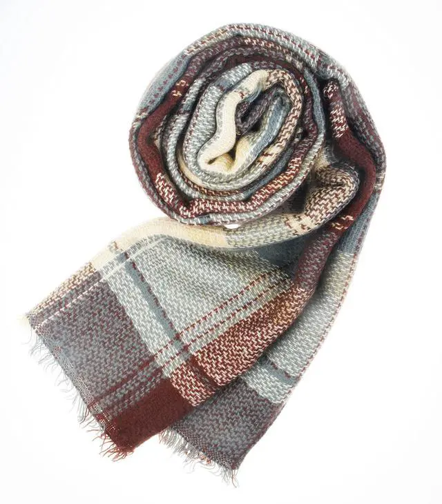 Alt view image 3 of 6 - Brown Cream Plaid Fall Winter Blanket Scarf for Women | Oversized square acrylic wrap, soft tartan styling, cold-weather layering, shawl or poncho wear, seasonal gifts