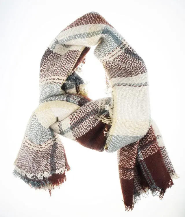 Alt view image 4 of 6 - Brown Cream Plaid Fall Winter Blanket Scarf for Women | Oversized square acrylic wrap, soft tartan styling, cold-weather layering, shawl or poncho wear, seasonal gifts
