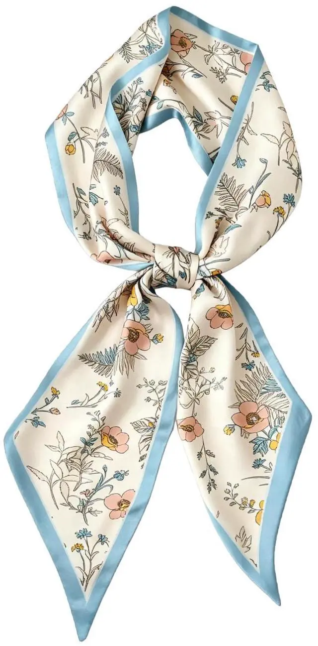 Main image of Fashion Scarf for Women - 58" Long Skinny Scarf Lightweight, Luxurious Silk Feeling for Neck, Hair, Purse & Belt Accessory (Blue Trim Floral)