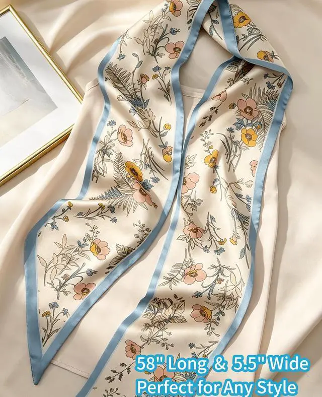 Alt view image 3 of 6 - Fashion Scarf for Women - 58" Long Skinny Scarf Lightweight, Luxurious Silk Feeling for Neck, Hair, Purse & Belt Accessory (Blue Trim Floral)