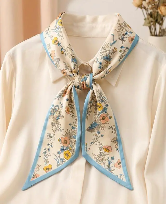 Alt view image 4 of 6 - Fashion Scarf for Women - 58" Long Skinny Scarf Lightweight, Luxurious Silk Feeling for Neck, Hair, Purse & Belt Accessory (Blue Trim Floral)