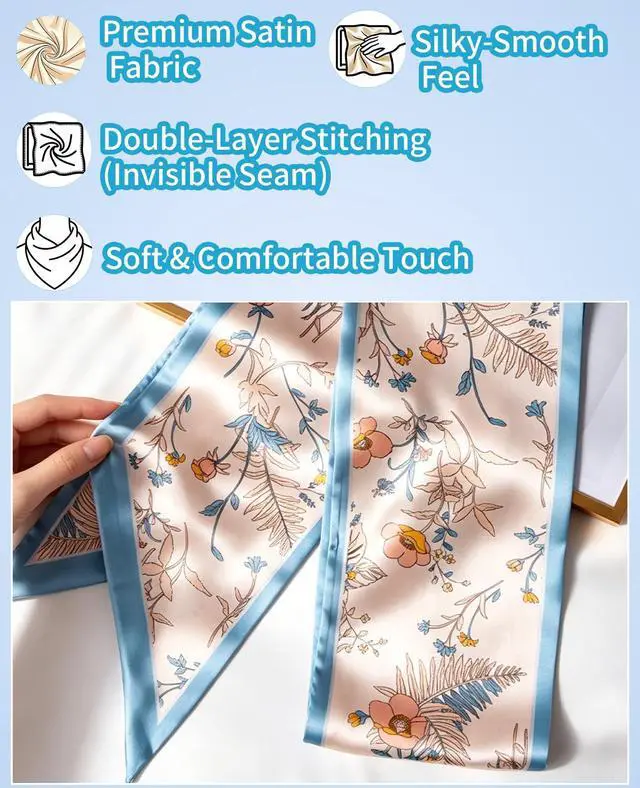 Alt view image 2 of 6 - Fashion Scarf for Women - 58" Long Skinny Scarf Lightweight, Luxurious Silk Feeling for Neck, Hair, Purse & Belt Accessory (Blue Trim Floral)