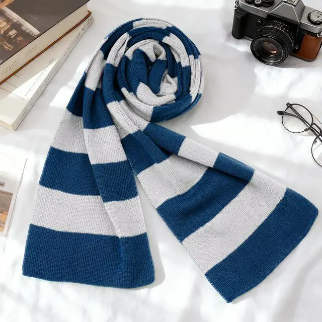 Alt view image 4 of 6 - Blue and Gray Striped Scarf - Soft Knit Winter Men's Scarf - Cosplay Costume Accessory for Halloween Christmas Party