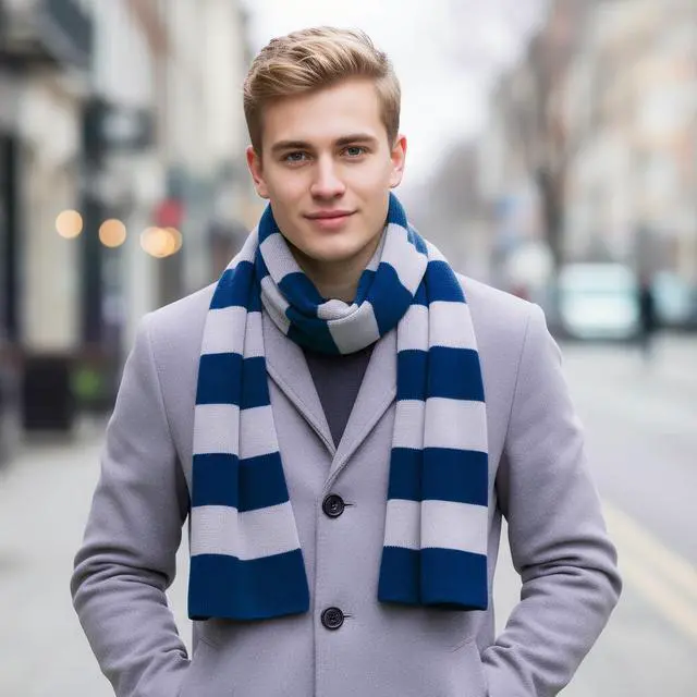 Alt view image 6 of 6 - Blue and Gray Striped Scarf - Soft Knit Winter Men's Scarf - Cosplay Costume Accessory for Halloween Christmas Party