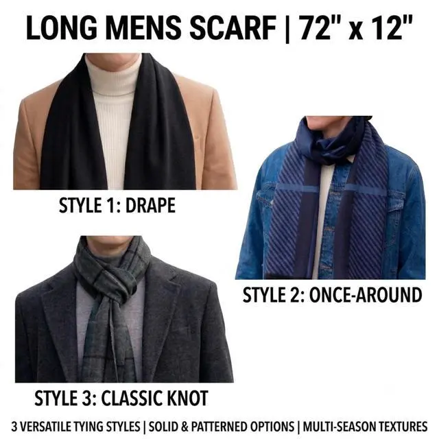 Alt view image 6 of 6 - Mens Winter Scarf Soft Warm Long Black Scarf for Men | Classic plaid, solid and striped styles in a versatile 72 x 12 in design for daily wear, commuting and winter gifting