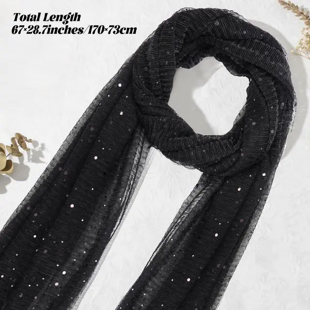 Alt view image 2 of 7 - Women Sequin Bandana Summer Silk Mesh Scarf Sheer Long Beach Glitters Shawl Wrap hijab for Evening Dresses (Black)