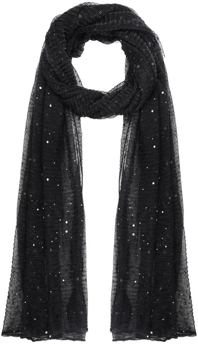 Main image of Women Sequin Bandana Summer Silk Mesh Scarf Sheer Long Beach Glitters Shawl Wrap hijab for Evening Dresses (Black)