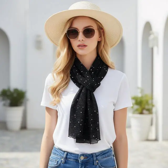 Alt view image 5 of 7 - Women Sequin Bandana Summer Silk Mesh Scarf Sheer Long Beach Glitters Shawl Wrap hijab for Evening Dresses (Black)