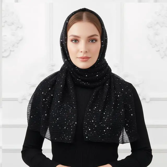 Alt view image 6 of 7 - Women Sequin Bandana Summer Silk Mesh Scarf Sheer Long Beach Glitters Shawl Wrap hijab for Evening Dresses (Black)