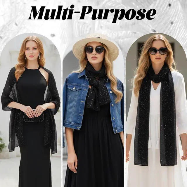 Alt view image 4 of 7 - Women Sequin Bandana Summer Silk Mesh Scarf Sheer Long Beach Glitters Shawl Wrap hijab for Evening Dresses (Black)