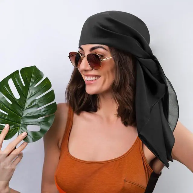 Alt view image 6 of 7 - Black Silk Head Scarf, Womens 35 Square 100% Mulberry Black Silk Scarf for Hair Wrapping at Night (035-Black)