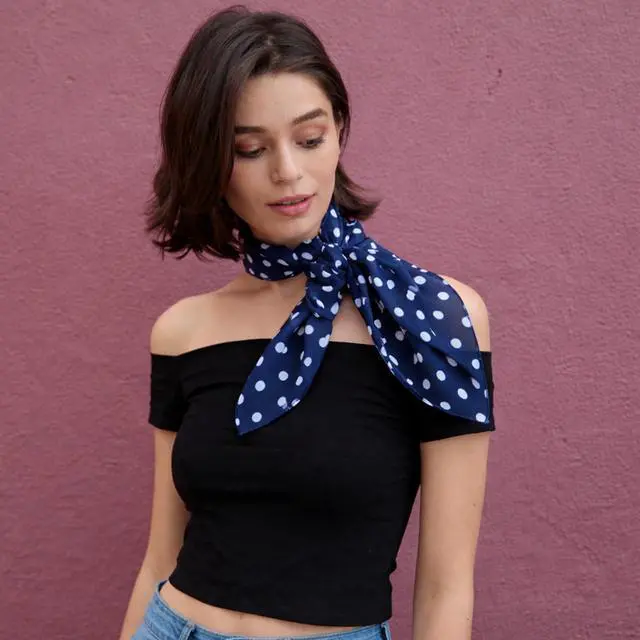 Alt view image 5 of 7 - 50s Chiffon Scarf Sheer Square Neck Head Scarf for Women, Navy and White Dot