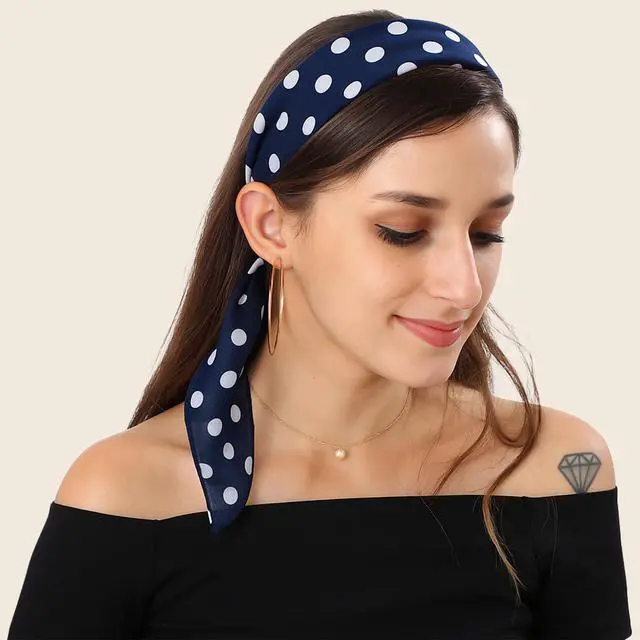 Alt view image 7 of 7 - 50s Chiffon Scarf Sheer Square Neck Head Scarf for Women, Navy and White Dot