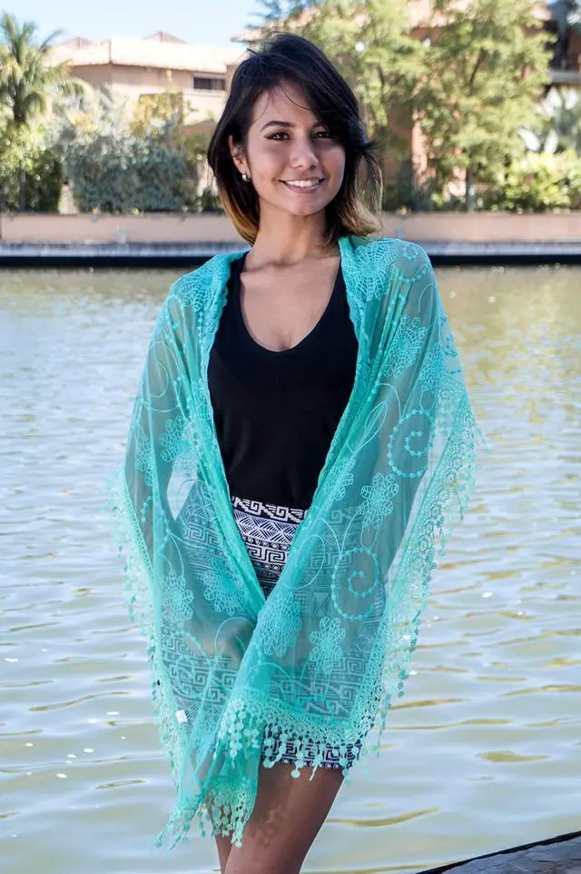 Alt view image 2 of 6 - Lightweight Soft Leaf Lace Fringes Scarf shawl for Women (TYH-TURQUESA)