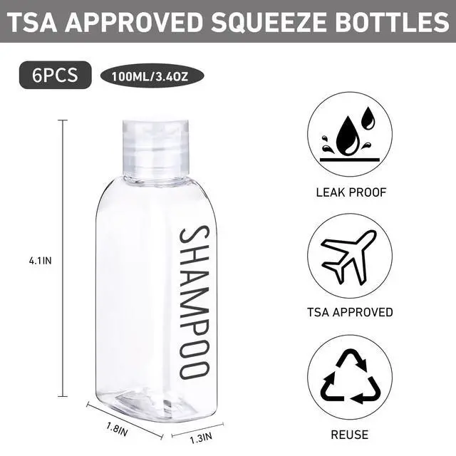 Alt view image 3 of 6 - Travel Bottles for Toiletries 6 PCS 3.4oz Plastic Bottles Clear | 100ml Travel Size Containers TSA Approved Leak Proof Squeeze Bottles with Flip Cap for Toiletries, Shampoo & Lotion