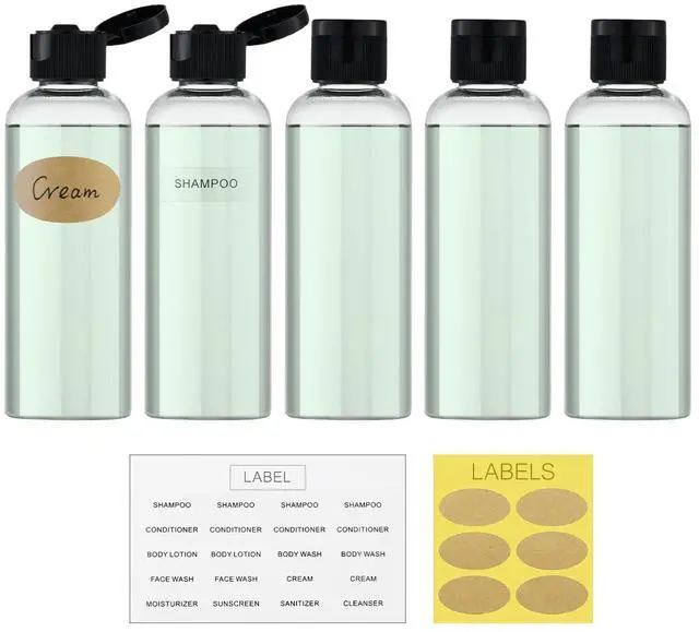Main image of 3.4 oz Travel Bottles for Toiletries, Plastic Shampoo Containers | 5pcs small size dispenser, clear squeeze tubes, leak proof, small empty for liquid, lotion, conditioner, soap, 100 ml, TSA