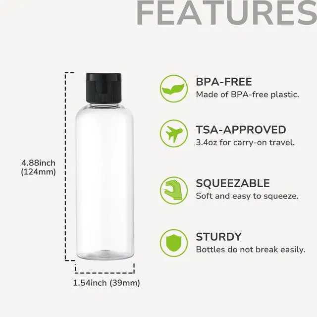 Alt view image 2 of 6 - 3.4 oz Travel Bottles for Toiletries, Plastic Shampoo Containers | 5pcs small size dispenser, clear squeeze tubes, leak proof, small empty for liquid, lotion, conditioner, soap, 100 ml, TSA