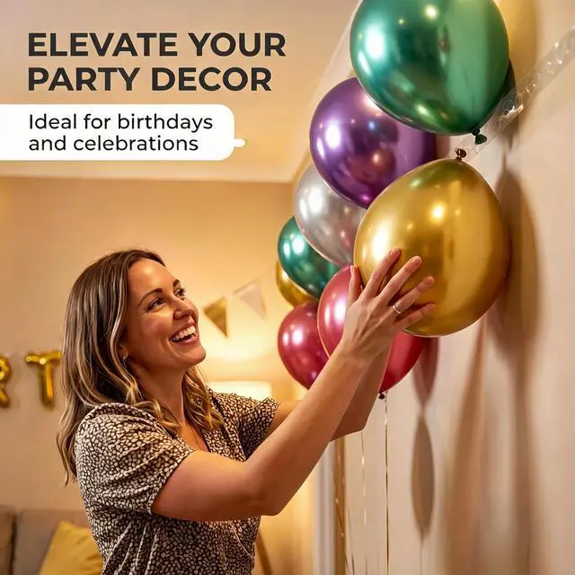 Alt view image 4 of 6 - 100 Pack 12 Inch Bright Chrome Metallic Latex Helium Birthday Balloons | Perfect for colorful birthday parties, weddings, baby showers, Christmas and DIY balloon arch decorations