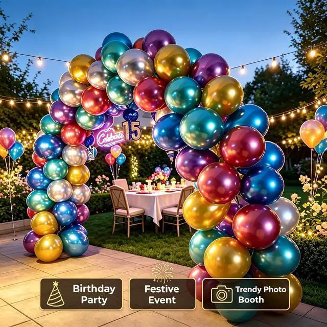 Alt view image 5 of 6 - 100 Pack 12 Inch Bright Chrome Metallic Latex Helium Birthday Balloons | Perfect for colorful birthday parties, weddings, baby showers, Christmas and DIY balloon arch decorations