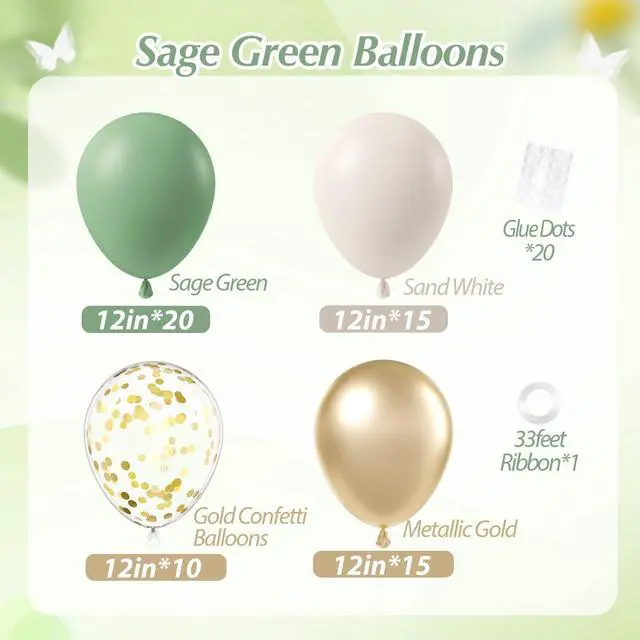 Alt view image 2 of 7 - 60pcs 12inch Sage Green Balloons with Sand White Gold Confetti Balloons | Boho Birthday, Wedding, Bridal Shower, Baby Shower, Engagement Party Decorations