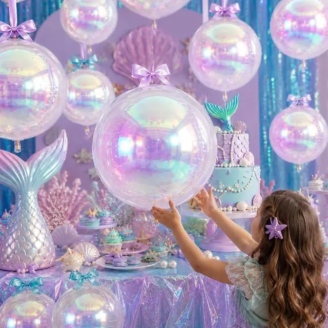 Alt view image 3 of 7 - 12PCS Iridescent Round Foil Balloons 22" 15" 10" Large Holographic Balloon | Shiny Clear Ball Balloons for Birthday Wedding Folding Rainbow Under The Sea Mermaid Party Decorations