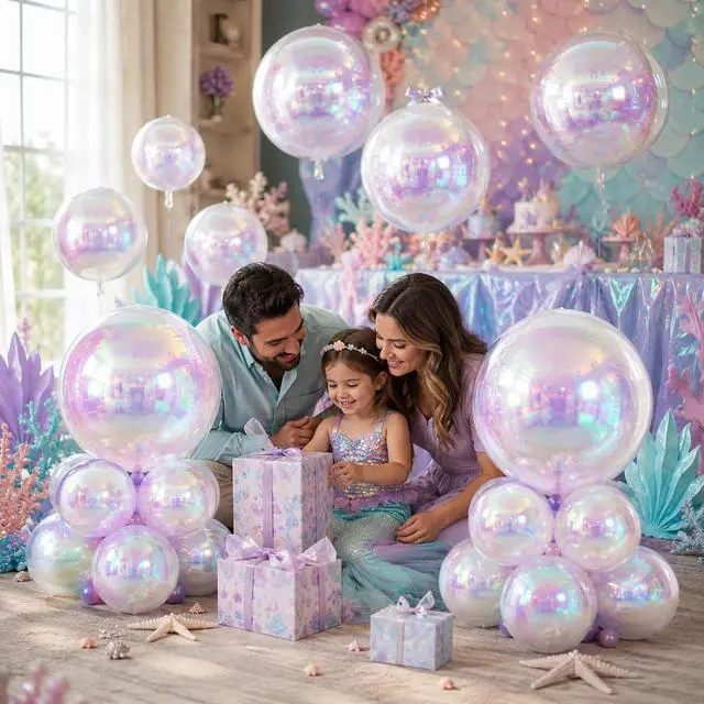 Alt view image 5 of 7 - 12PCS Iridescent Round Foil Balloons 22" 15" 10" Large Holographic Balloon | Shiny Clear Ball Balloons for Birthday Wedding Folding Rainbow Under The Sea Mermaid Party Decorations