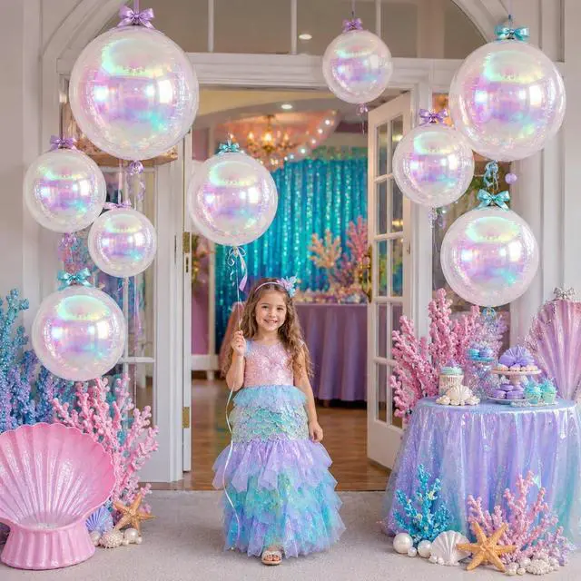 Alt view image 4 of 7 - 12PCS Iridescent Round Foil Balloons 22" 15" 10" Large Holographic Balloon | Shiny Clear Ball Balloons for Birthday Wedding Folding Rainbow Under The Sea Mermaid Party Decorations