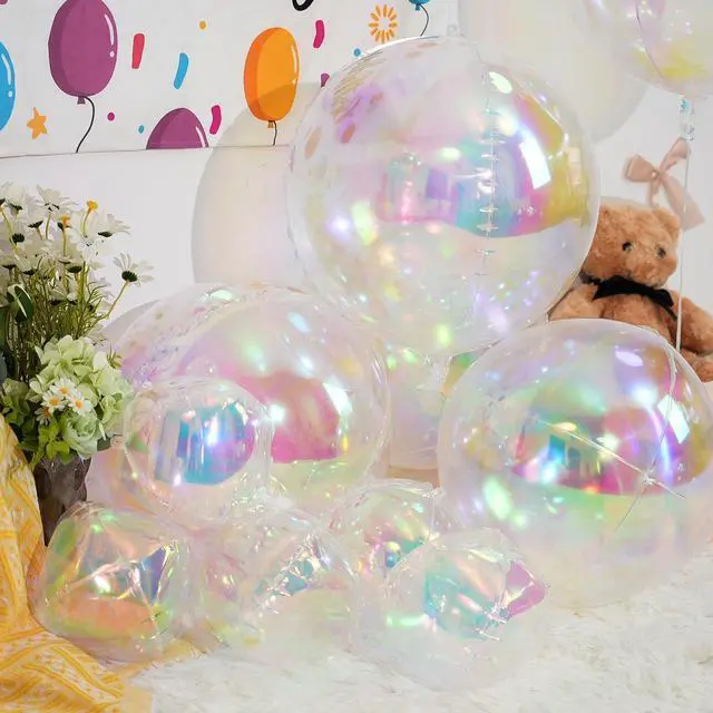 Alt view image 7 of 7 - 12PCS Iridescent Round Foil Balloons 22" 15" 10" Large Holographic Balloon | Shiny Clear Ball Balloons for Birthday Wedding Folding Rainbow Under The Sea Mermaid Party Decorations
